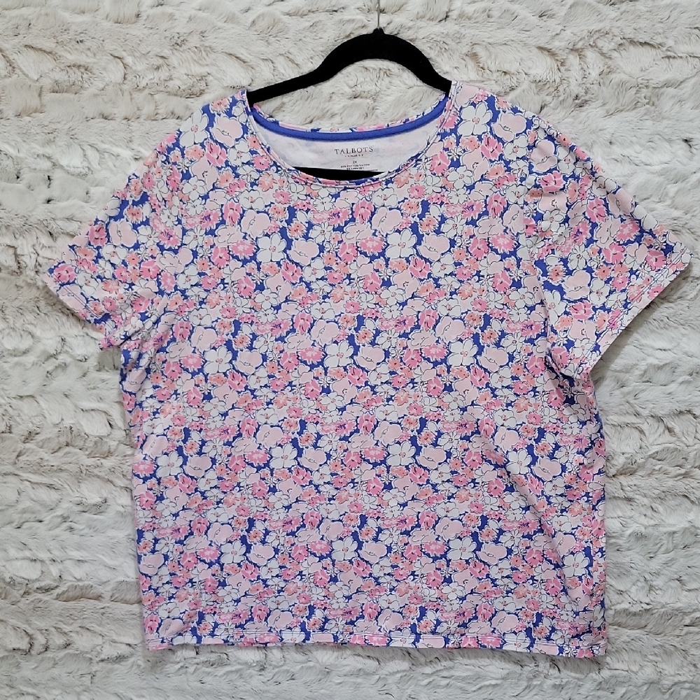 Talbots Blue, Pink And White Floral Crewneck Tee Womens Sz 2x Plus Top, Spring